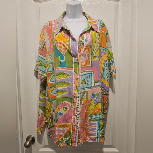 Bob Mackie Tops - Bob Mackie Wearable Art Shirt Womens 1X Multicolor Silk Tropical Button Down